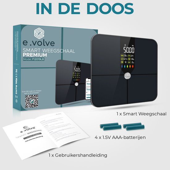 e.volve Scale Pèse-personne numérique - 16x - Noir - Pèse-personne intelligent avec analyse du corps - Pèse-personne de précision - App. incluse