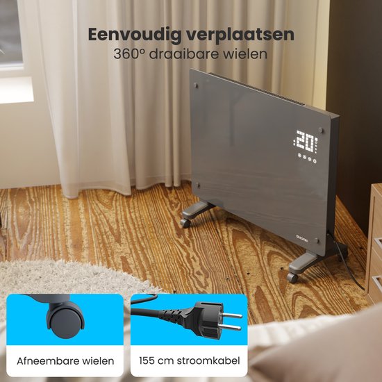 Auronic Electric Heater - Convector Heater with Thermostat and Remote Control - Glass Panel Heater - 1500W Heater - Grey