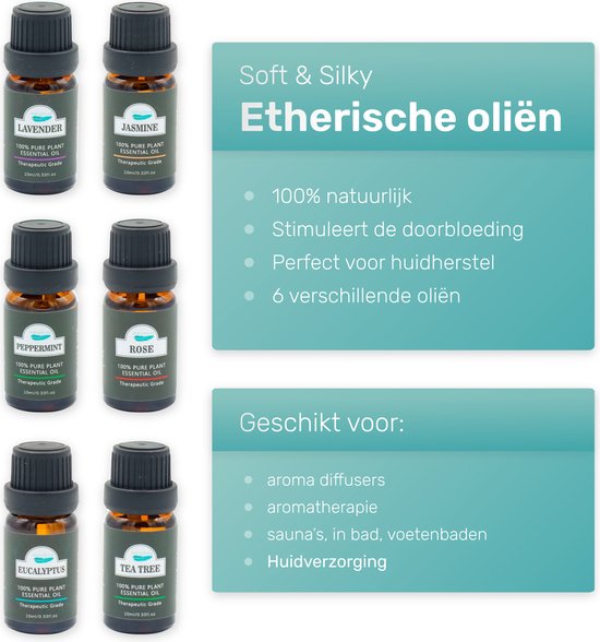 Soft & Silky - Huile essentielle - 6 pièces - 100% naturel - Convient à la peau - Diffuseur - Bain de pieds - Sauna - Essentiel - Parfum - Huile - Huiles