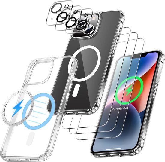 Podec Magsafe Case Suitable for iPhone 14 - Bundle with 3x Screen Protector + 3x Camera Protector - Magnetic with Ring Translucent - Phone Case Transparent Magsafe Case - Translucent