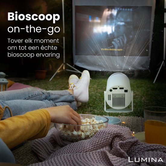 Lumina® Pro Mini Beamer 2026 - Projecteur intelligent Android 14 avec Google Playstore - Home cinéma - Pour iOS & Android - WiFi 6 & Bluetooth 5.4 - Blanc