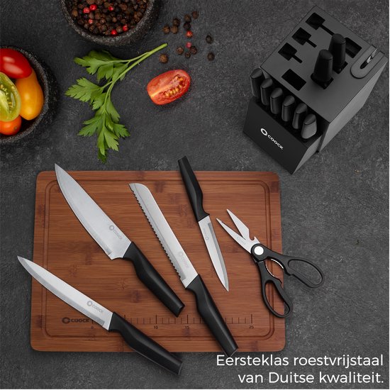 COOCK - Set de couteaux avec bloc et planche à découper pliante - Couteaux de cuisine - Ciseaux - Acier à aiguiser (Aiguiseur de couteaux) - Set d'ustensiles de cuisine 15 pièces dans un bloc à couteaux - Avec revêtement résistant aux rayures - Acier inox