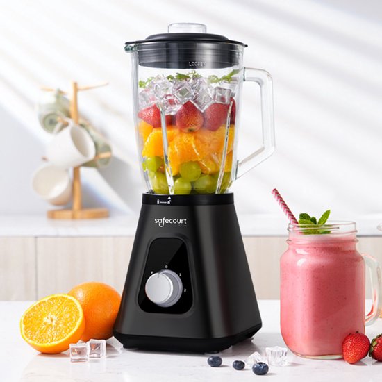 Safecourt Kitchen Blender - Blender puissant de 1200 watts avec gobelet To-Go - 3 supports - Noir