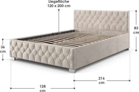 Lit rembourré Nizza - 120 x 200 cm - Beige - LED Lighting & Bed Drawer