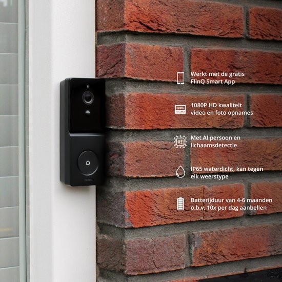 FlinQ Smart Doorbell - Sonnette sans fil - Sonnette avec caméra - Gong inclus - 1080P HD - Noir