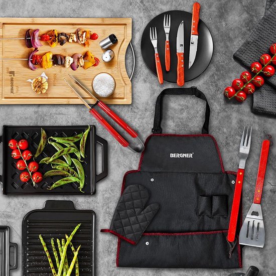 Bergner BBQ Accessories 7 Piece Tool Set - Stainless Steel - Gift Set - with bbq Apron