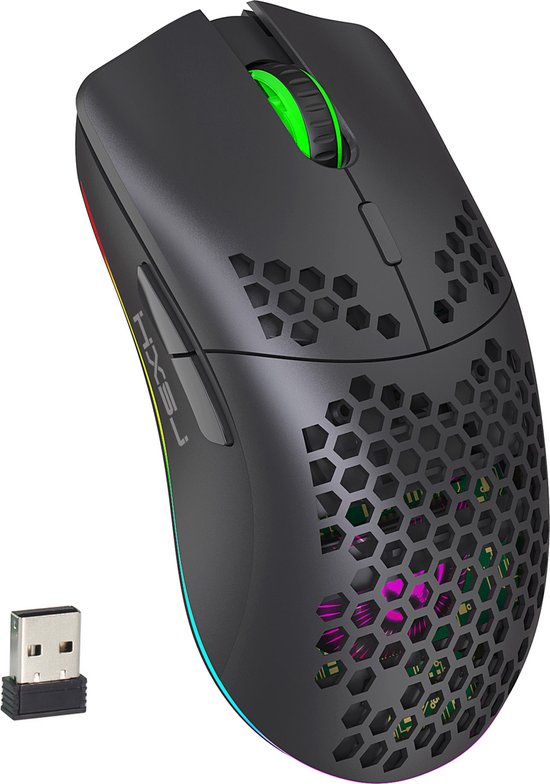 HXSJ T66 - Souris de jeu sans fil - Souris d'ordinateur - Ultra légère - Eclairage RGB - Noir