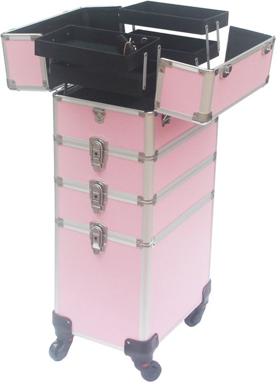 VDD trousse de maquillage trolley - cosmétiques trousse de maquillage pour les ongles - 4 en 1 - Rose
