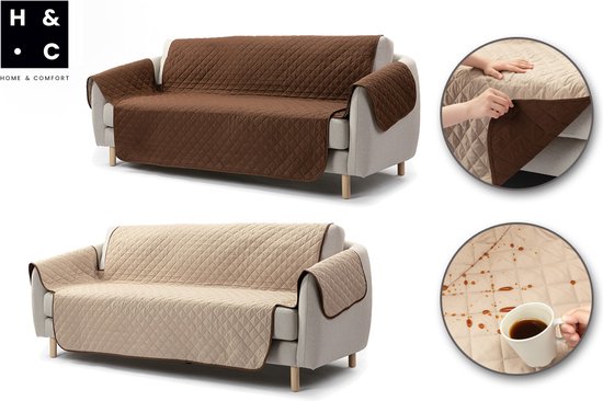 H&C Housse de siège - Canapé trois places - Brun/Beige - Déperlant - Réversible