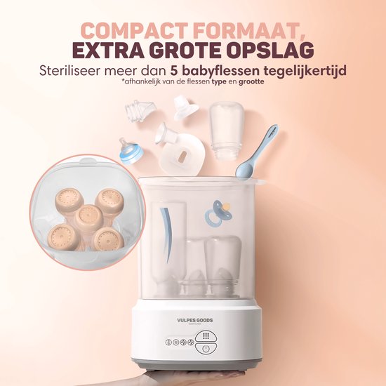 Vulpes Goods® - Stérilisateur de biberons - Fonction 5 en 1 - Avec fonction séchage et mode maintien au chaud - Pour biberons et tire-laits - Sans BPA - Plastique et blanc