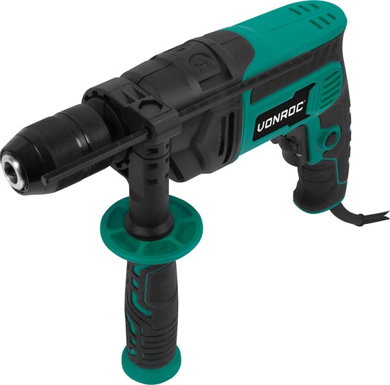 VONROC PRO Perceuse à percussion 850W - Ø13mm - mandrin métallique à action rapide - vitesse variable - câble caoutchouc 3m - Butée de profondeur et poignée additionnelle incluses