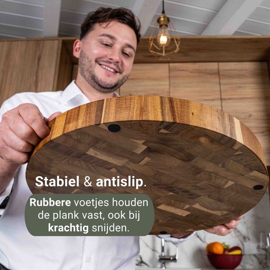 VDN Professional Cutting Board Round Acacia Wood with Juice Trench and Handles - Anti-slip Chopping Board with Holder Set - Chopping Block Headwood Ø 38 x 3.8 CM