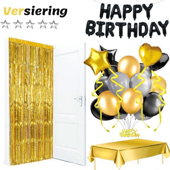 Feestio Ballons Décoration d'anniversaire avec nappe et guirlandes - Hélium - Noir Or
