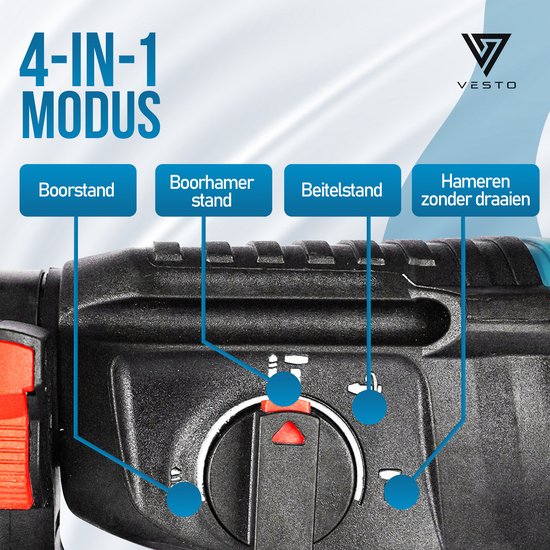 Vesto® Marteau perforateur électrique - Perceuse à percussion sans fil - Marteau perforateur avec fonction burin - Marteau combiné sans fil - Perceuse à béton - Comprend un jeu de perceuses, 2 batteries et un chargeur