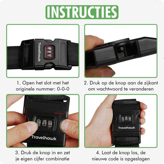 Travelhawk Luggage Strap with Number Lock - 1 Piece - Luggage Strap - Luggage Straps - Adjustable - 180 Centimetres - Extra Security - Travel - Green