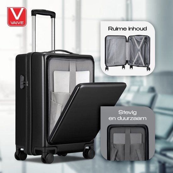VAIVE Hand Luggage Suitcase With Front Pocket - 43L Suitcase - Lightweight Trolley - Black