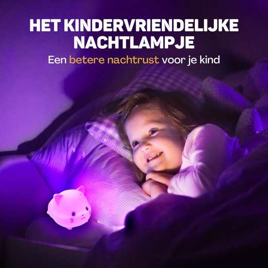 Vulpes Goods® Veilleuse pour enfants - Lumière LED et 8 couleurs - Veilleuse pour chambre de bébé - Chat - Rechargeable par USB - Variateur - Minuteur - Sans fil - Adapté aux enfants