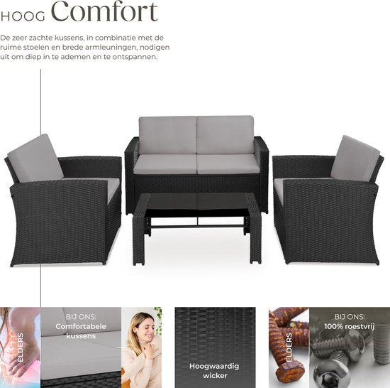 tectake® Ensemble de jardin en osier pour 4 personnes - Banc de jardin 2 places et 2 chaises de jardin - Table avec plateau en verre amovible - Coussins d'assise et de dossier confortables - Ensemble de salon pour jardin, terrasse, balcon - Noir