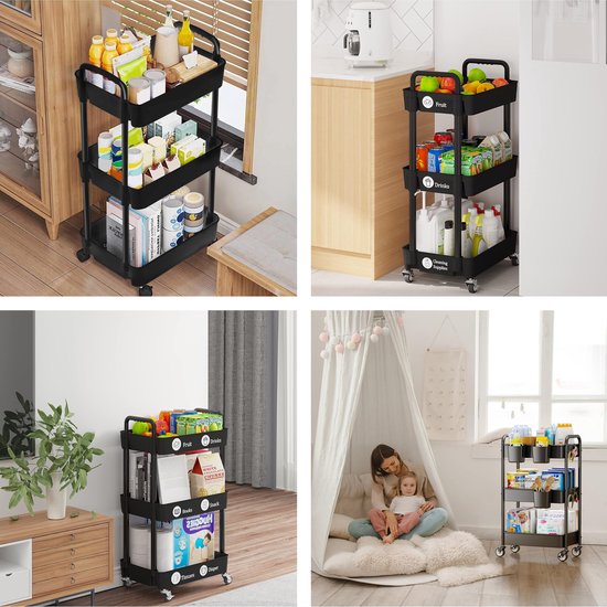 Chariot de cuisine sur roulettes - 3 étages - Rayonnage - Service - Chariot - Armoire - Rangement - Armoires de douche debout - Rayonnage - Noir - Luft