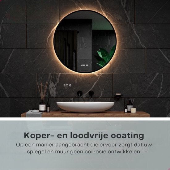 Mirlux Miroir de salle de bain - Eclairage et chauffage LED - Anti condensation - Miroir mural rond - Noir mat - 80CM