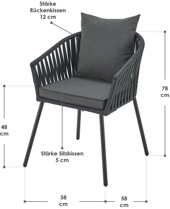 Chaises en corde - Lot de 2 - Coussins d'assise et de dossier inclus - Gris foncé