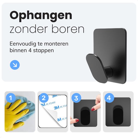 Crochets à serviettes auto-adhésifs - 1 pièce - Noir mat - Porte-serviettes de salle de bain - Porte-serviettes - Crochets muraux - Crochets de porte - Système d'accrochage pour peinture - Crochet à manteau - Ventouse avec crochet