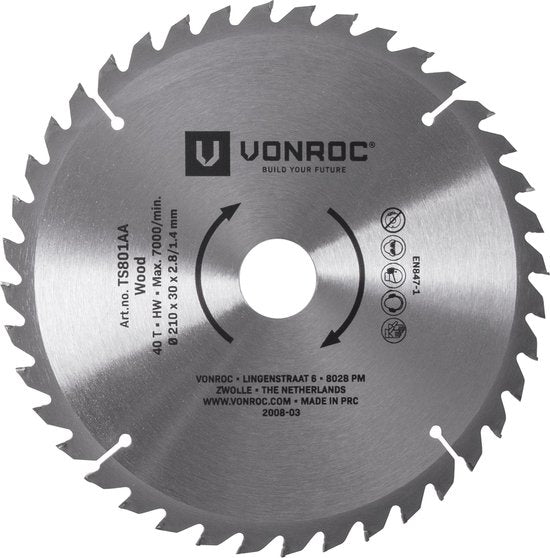 Lame de scie VONROC - 210mm - 40 dents - pour le bois - convient aux scies à table et aux scies à tronçonner