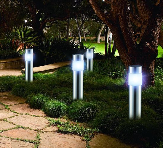 LED Lovers - Lampe de jardin solaire à LED avec pointes de terre - Lot de 4 - Lampe de chemin avec capteur de lumière - acier inoxydable - 8-10 heures de fonctionnement - 27cm