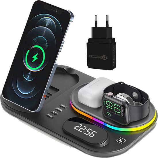 iSetchi Wireless Qi Charger 15 Watt Fast Charger (4-in-1) - Avec adaptateur Quick Charge 3.0, horloge LED et lampe LED - Station de charge Qi