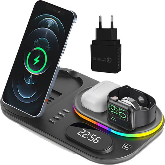 iSetchi Wireless Qi Charger 15 Watt Fast Charger (4-in-1) - Avec adaptateur Quick Charge 3.0, horloge LED et lampe LED - Station de charge Qi