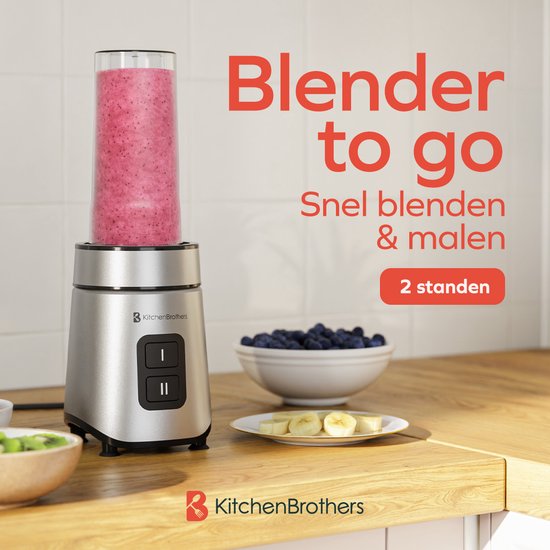 KitchenBrothers Mini Blender - Blender to Go - 2 Stands - Smoothie Maker - 2 To-Go Cups 600 ml - Noir