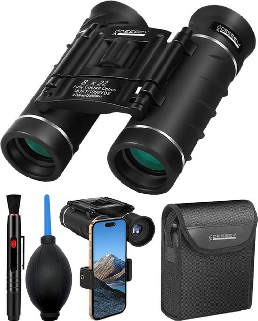 ODESSEY Jumelles compactes - avec étui, kit d'entretien et support de téléphone - 8x22 - FMC - BAK-7 - pour adultes et enfants