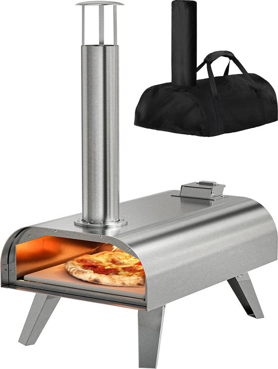 KitchenBrothers Four à Pizza - au feu de bois - de table - avec couvercle protecteur - pliable - pierre à pizza - jusqu'à 460°C - acier inoxydable - set complet - four à pizza d'extérieur - acier inoxydable