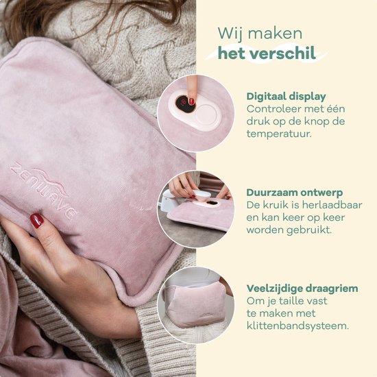 Pichet électrique Zenwave avec manchon - Affichage numérique - Pichet d'eau chaude et pichet d'eau avec chauffe-mains - Coussin chauffant rechargeable - Bande chauffante menstruelle - Durable et sans fil - Camping et extérieur - Pichet d'eau chaude rose -
