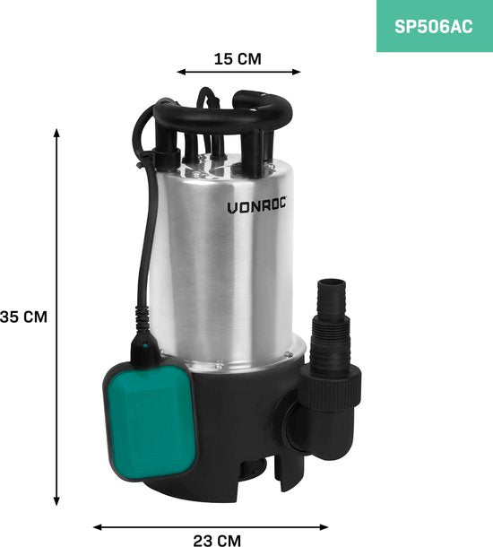 VONROC Pompe submersible en acier inoxydable - Pompe pour eaux sales - 1100W - 20000 l/h - Pour eaux sales et propres - Avec flotteur