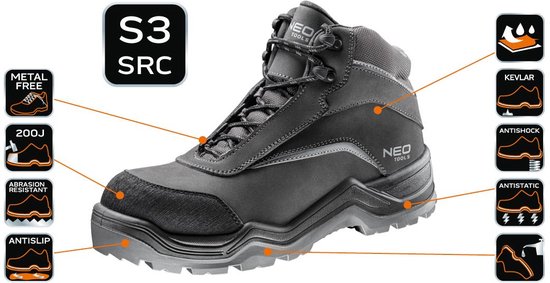 Bottes de sécurité pour hommes Neo Tools classe S3 SRC, imperméables WR, antidérapantes| Bottes de travail renforcées avec semelle intérieure en Kevlar, semelle intérieure antistatique, sans éléments métalliques, résistantes à la pénétration