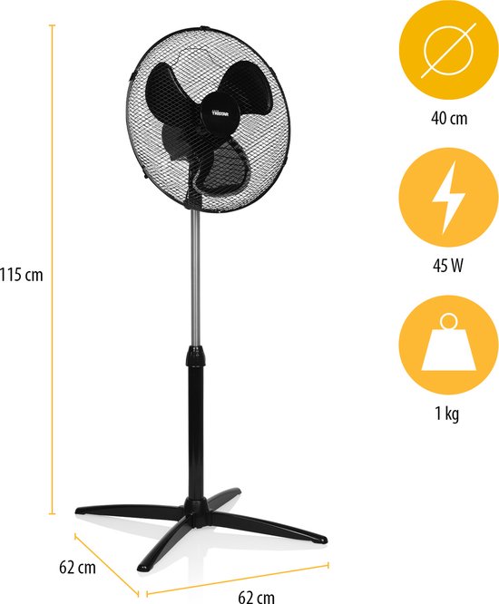 Ventilateur de table 40 cm - 45W - 3 vitesses - Oscillation 85° - Réglable en hauteur - Tristar VE-5756 - Noir