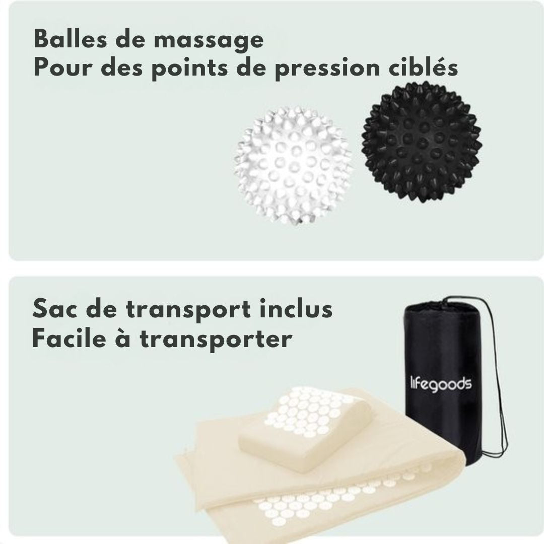 Tapis d'acupression XL LifeGoods - avec coussin - Tapis Shakti - Tapis pour les ongles avec 2 balles pour les points de déclenchement - 128x48x2cm - Beige/Blanc