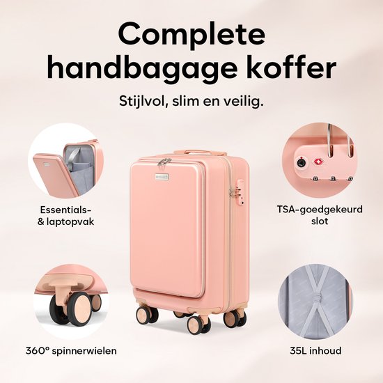 Skycases Hand Luggage Suitcase 35L - Lightweight Trolley - Spinner Wheels - TSA Lock and Laptop Compartment - Travel Suitcase with Handy Front Pocket - 55 cm - Pink