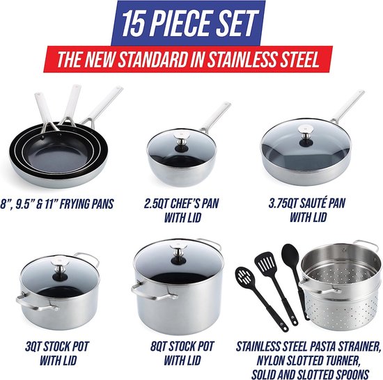 Ensemble de casseroles Blue Diamond 15 pièces - Convient à toutes les sources de chaleur - Induction - Sans PFAS - Lavable au lave-vaisselle