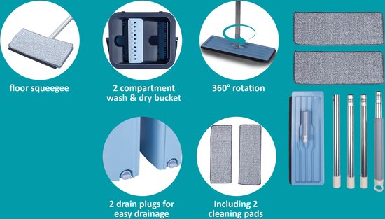 alpina mopping system with bucket - mop incl. 2 microfibre cloths - for hard floors - 360° rotation