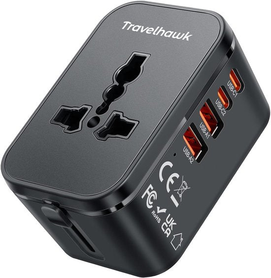 Travelhawk World plug avec 2x USB-C et 2x Port USB - Prise de voyage - Connecteur USB - Prise de voyage internationale pour plus de 150 pays - Amérique (USA) - Angleterre (UK) - Australie - Asie - Amérique du Sud - Afrique - Prises mondiales - Noir