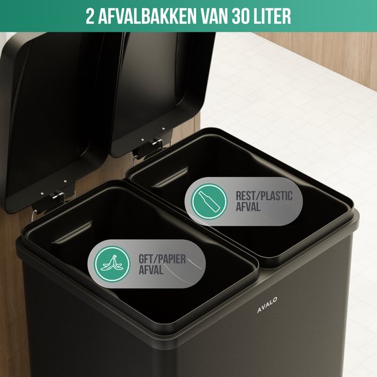 Avalo Trash Bin Waste Separation 60 Liter - Stainless Black - 2 Compartments - Environmentally Conscious, Hygienic & Fingerprint-Free - Pedal bin / Trash can