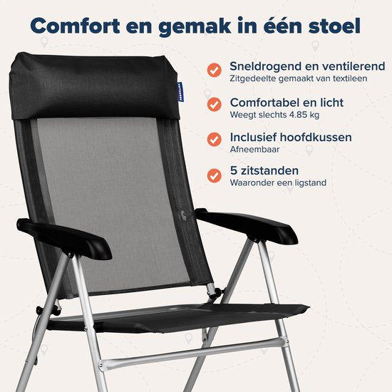 TRVLMORE Chaise de camping - 5 positions - Chaise de camping pliante - Capacité de charge 110 kg - Chaise de pêche - Chaise pliante - Noir