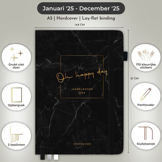 Systemyze Agenda 2025 Adultes - Planificateur - Journal - Organiseur - Feuilles d'autocollants incluses - Format A5 - Anthracite