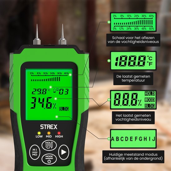Strex Moisture Meter Digital - Pour le bois et les matériaux de construction (y compris la pierre, le plâtre et le béton) - Affichage LCD - Humidity Meter - Moisture Malls - Incl. Batteries & Storage Case