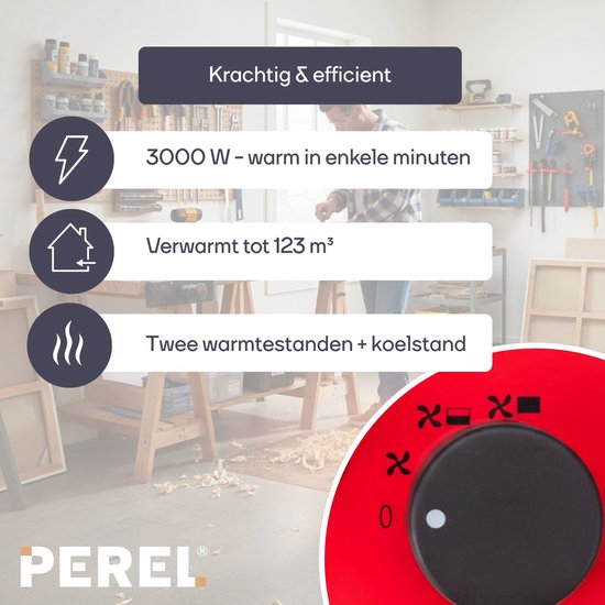 Perel Chauffage électrique à ventilateur 3000W, 2 niveaux de chaleur, thermostat et mode refroidissement, IP24, protection contre la surchauffe et l'inclinaison, chauffage portable compact pour l'atelier, le garage, la remise