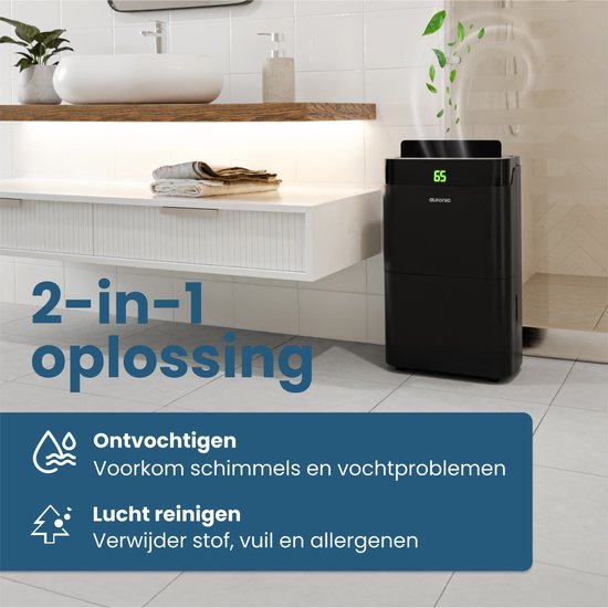 Déshumidificateur et purificateur d'air Auronic - Better Plus Series - Déshumidifie 12L par jour - Réservoir d'eau de 5L - Chambre à coucher, salle de bain, salon et bureau - Dévoreur d'humidité pour la maison - Noir