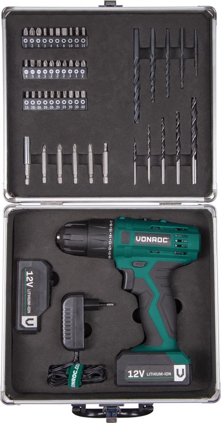 VONROC Perceuse sans fil - 12V Li-Ion - Avec mallette de rangement en aluminium, 46 accessoires, 2x batterie et chargeur