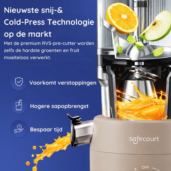 Safecourt Kitchen Slow Juicer - moteur puissant [Technologie de pré-coupe et de pression à froid] - nettoyage facile - sans BPA - juicer Beige